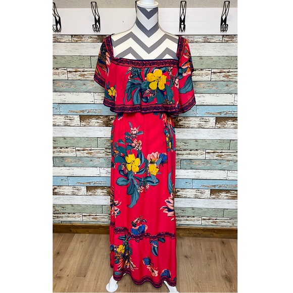 Flying Tomato Women's Maxi Dress Size S Red Multi Floral Off-The-Shoulder Ruffle - Picture 2 of 5